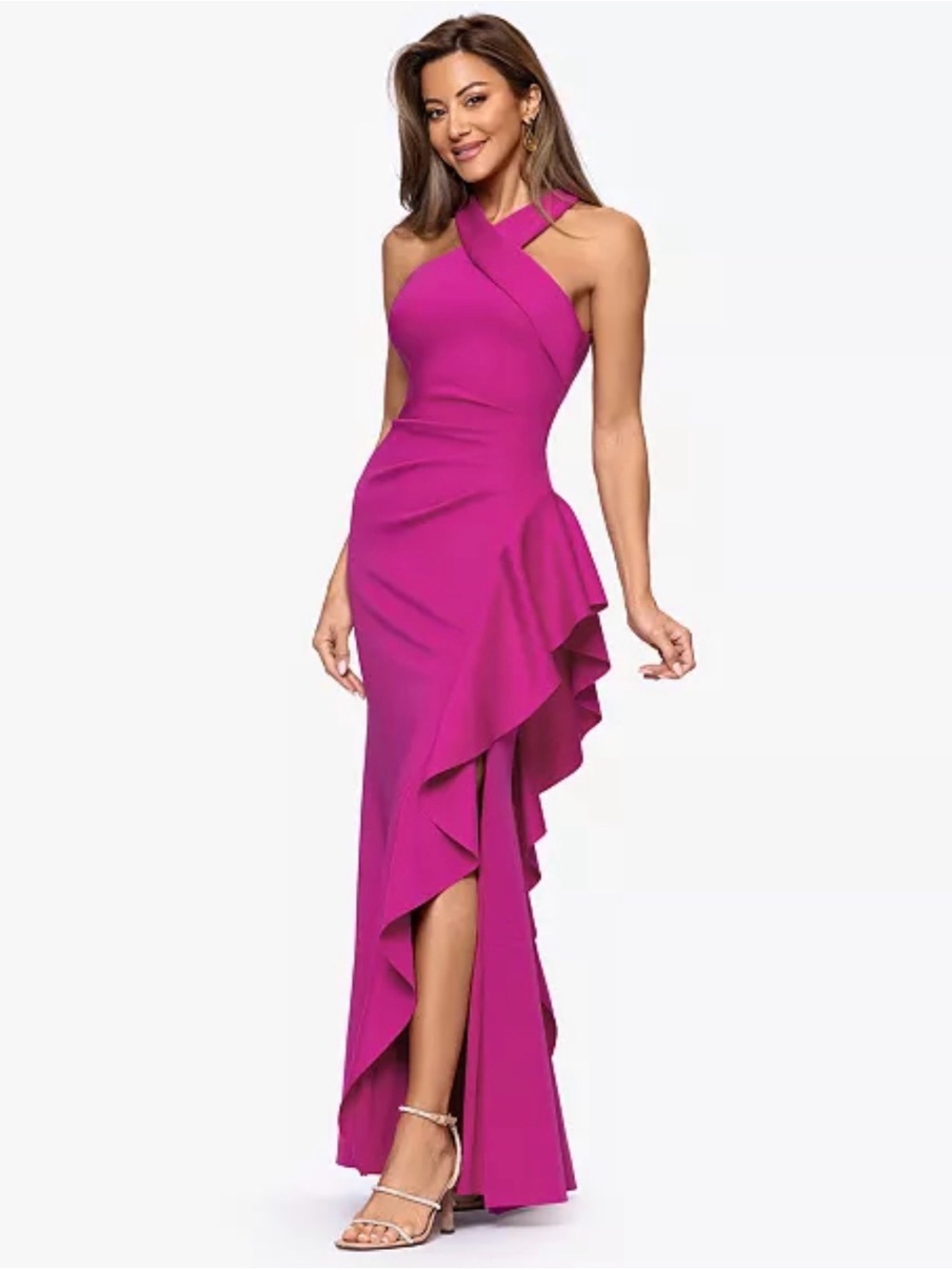 XSCAPE PETITE Cross Neck Ruffle Gown